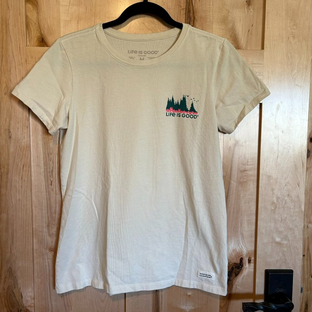 Life is Good Crusher T Shirt M Medium 100% Cotton Cream Bright Trees Floral
